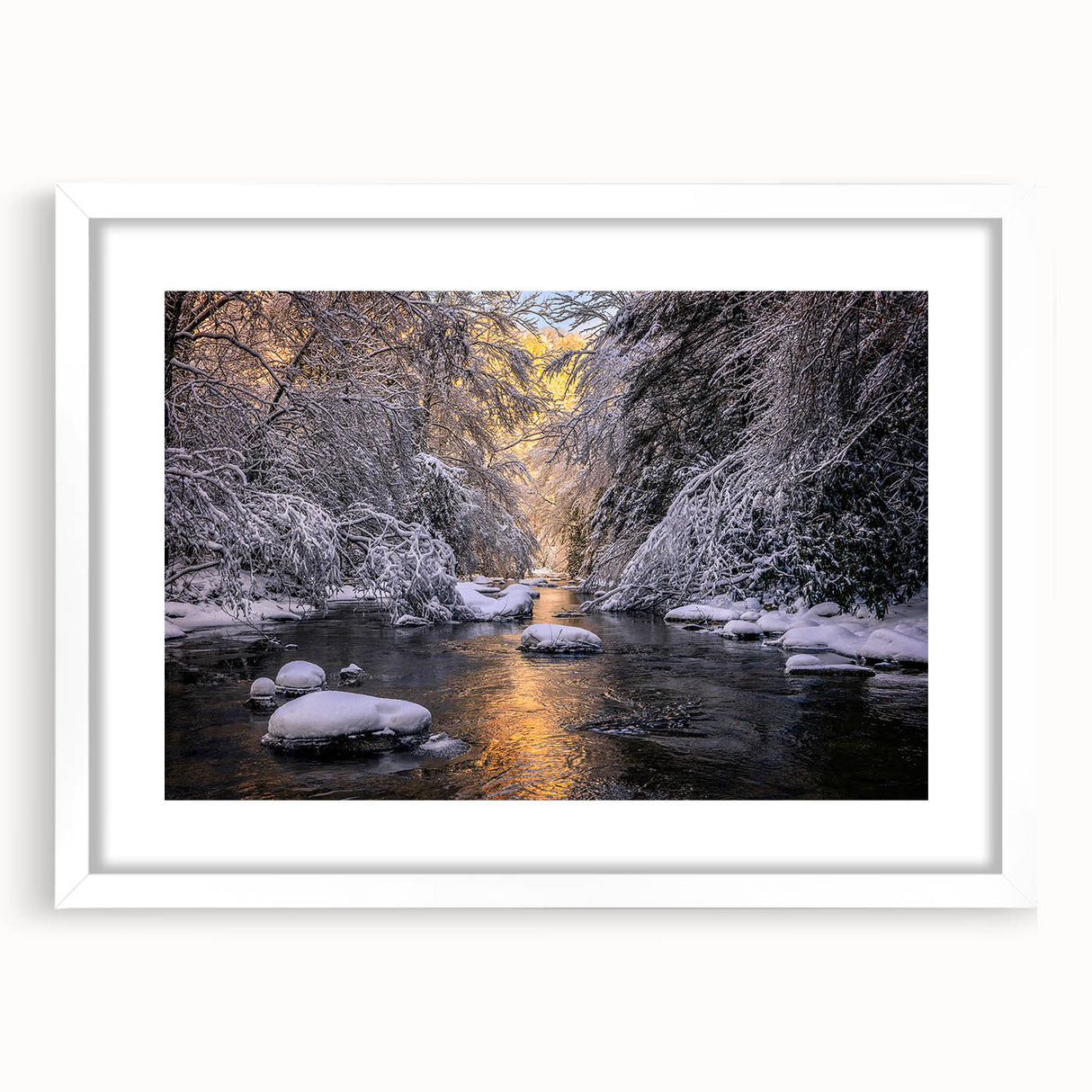 Abstract art print of Kentucky scenery in muted green and blue tones on a framed white mat, ideal for dining room decor.
