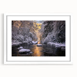 Abstract art print of Kentucky scenery in muted green and blue tones on a framed white mat, ideal for dining room decor.