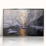 Mid-century modernist art depicting Kentucky scenery in muted earth tones on a silver-framed acrylic print.