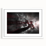 Abstract art print of New Orleans skyline in muted gray and blue tones on a framed white mat, ideal for dining room decor.