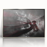 Mid-century modernist art depicting New Orleans scenery in muted colors, framed in silver acrylic.