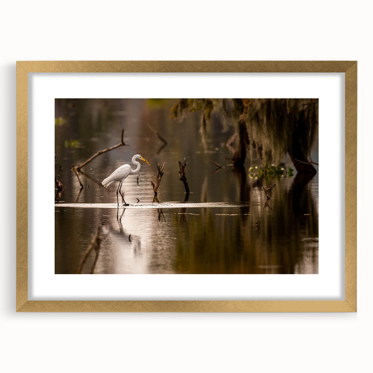 Extra large abstract art print of Louisiana scenery in textured style with a gold frame, ideal for living room decor.