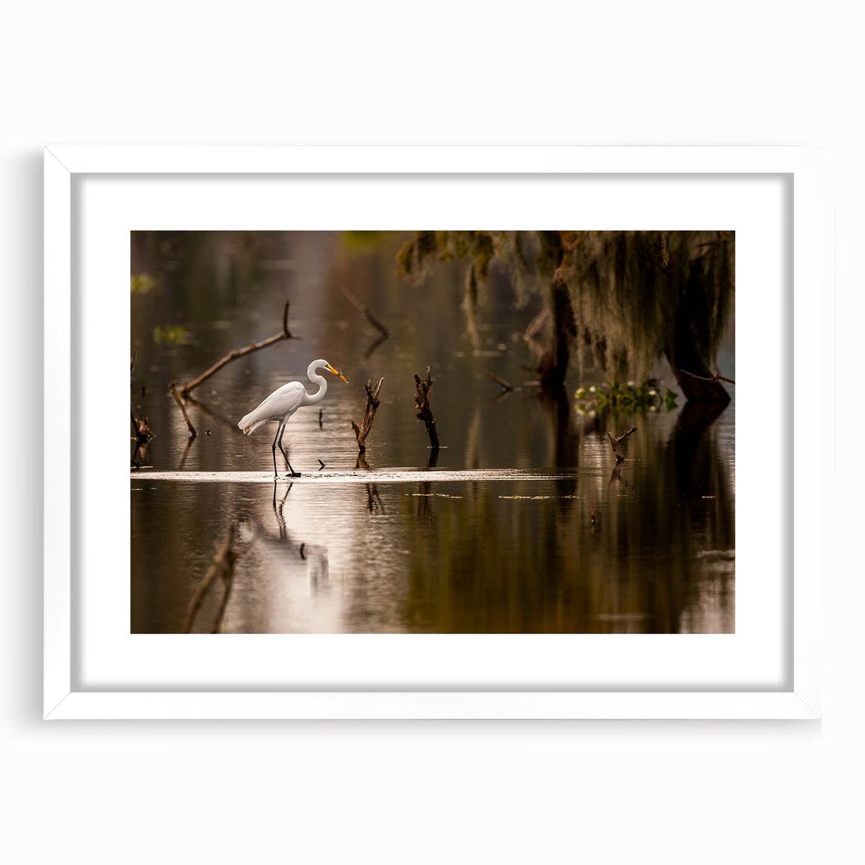 Abstract art print depicting a Louisiana landscape in muted earth tones on a white framed mat.