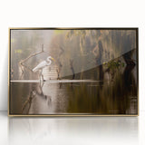 Acrylic print of a Louisiana landscape in muted earth tones, framed in gold, ideal for modern art wall decor.