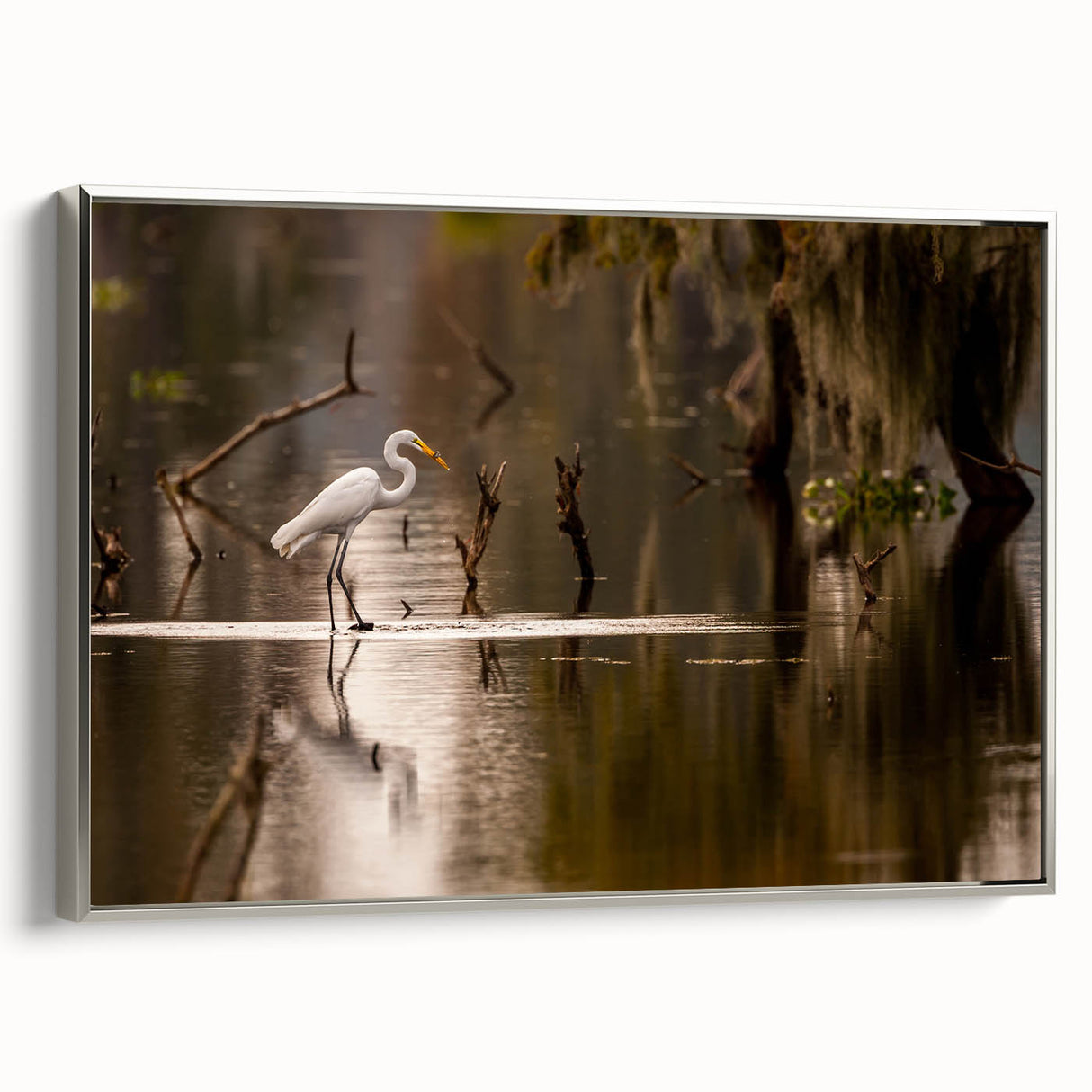 Framed canvas landscape art painting featuring a colorful Louisiana marsh scene.