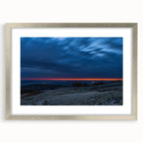 Textured abstract art print of Acadia, Maine, in muted earth tones, framed in silver, ideal for bedroom decor.