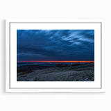 Abstract art print of Acadia, Maine, in muted blue and green tones on a white-matted framed poster.