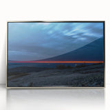 Mid-century modernist art depicting Acadia, Maine, in muted earth tones on a silver-framed acrylic print.