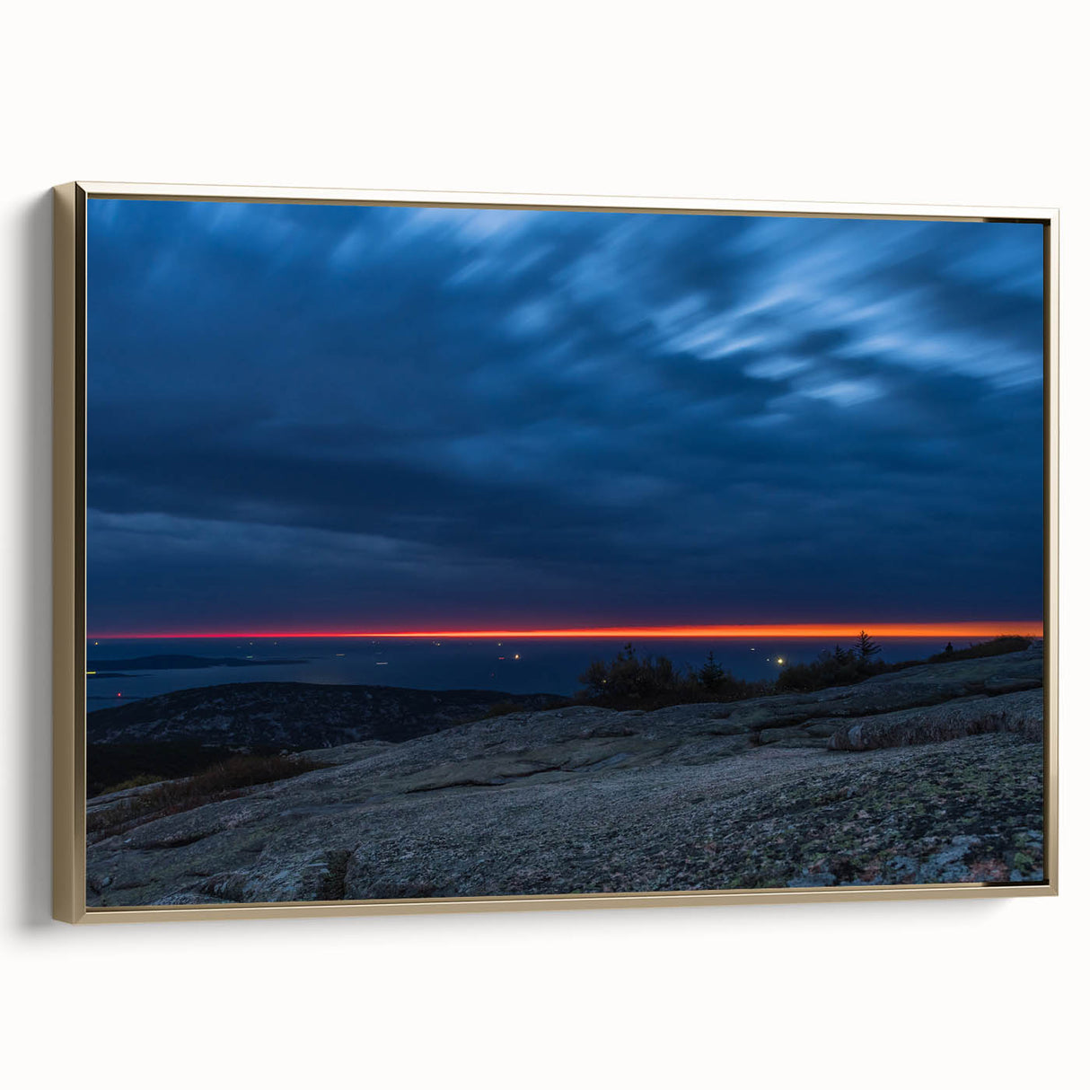 Framed canvas featuring a vintage-style landscape painting of Acadia, Maine, with muted earth tones.