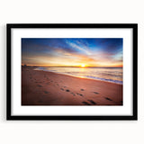 Abstract art print depicting vibrant, colorful scenery of Maine, on a large textured canvas, framed in black.