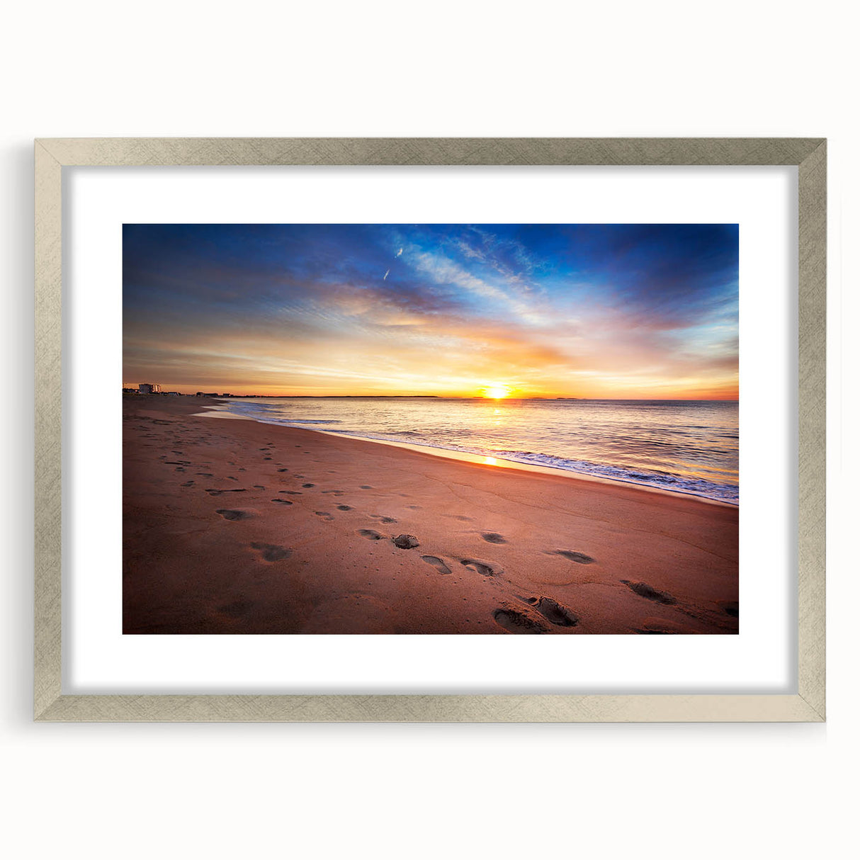 Textured abstract art print depicting a serene Maine landscape in muted earth tones on a framed silver mat.