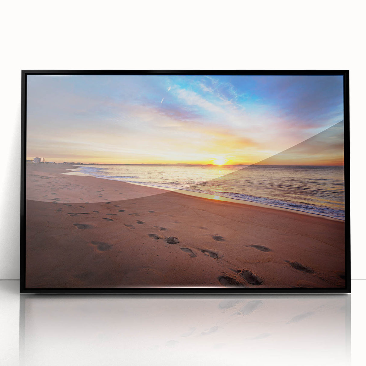 Large abstract wall art depicting a Maine coastline in muted gray and blue tones, framed in black acrylic.