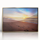 Acrylic print of a Maine landscape in mid-century modernist style, with gold frame, ideal for modern art wall decor.