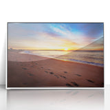 Acrylic print of a serene Maine landscape in pastel shades, framed in white, suitable for modern nursery decor.