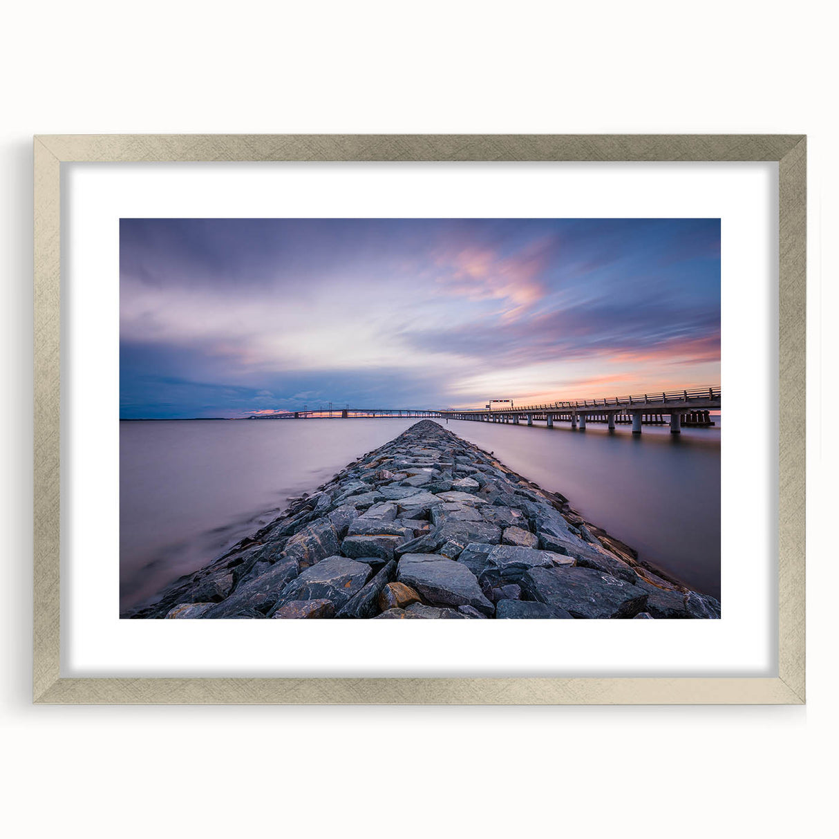 Textured abstract art print of Annapolis scenery in muted colors, framed in silver, ideal for bedroom art.