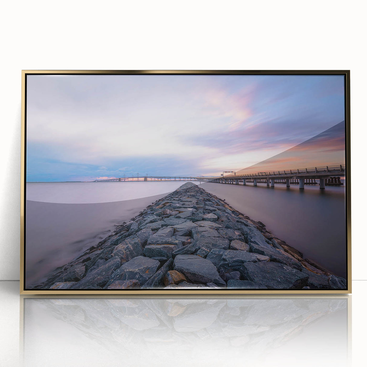 Acrylic print of Annapolis skyline in gold and blue tones, framed, ideal for modern art wall decor.