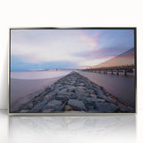 Mid-century modernist art depicting Annapolis, Maryland, in a framed acrylic print with muted blue and silver tones.