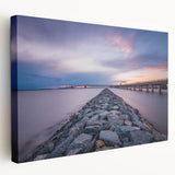Large art depicting the Annapolis skyline in muted blue and gray tones on stretched canvas, ideal for kitchen wall art.