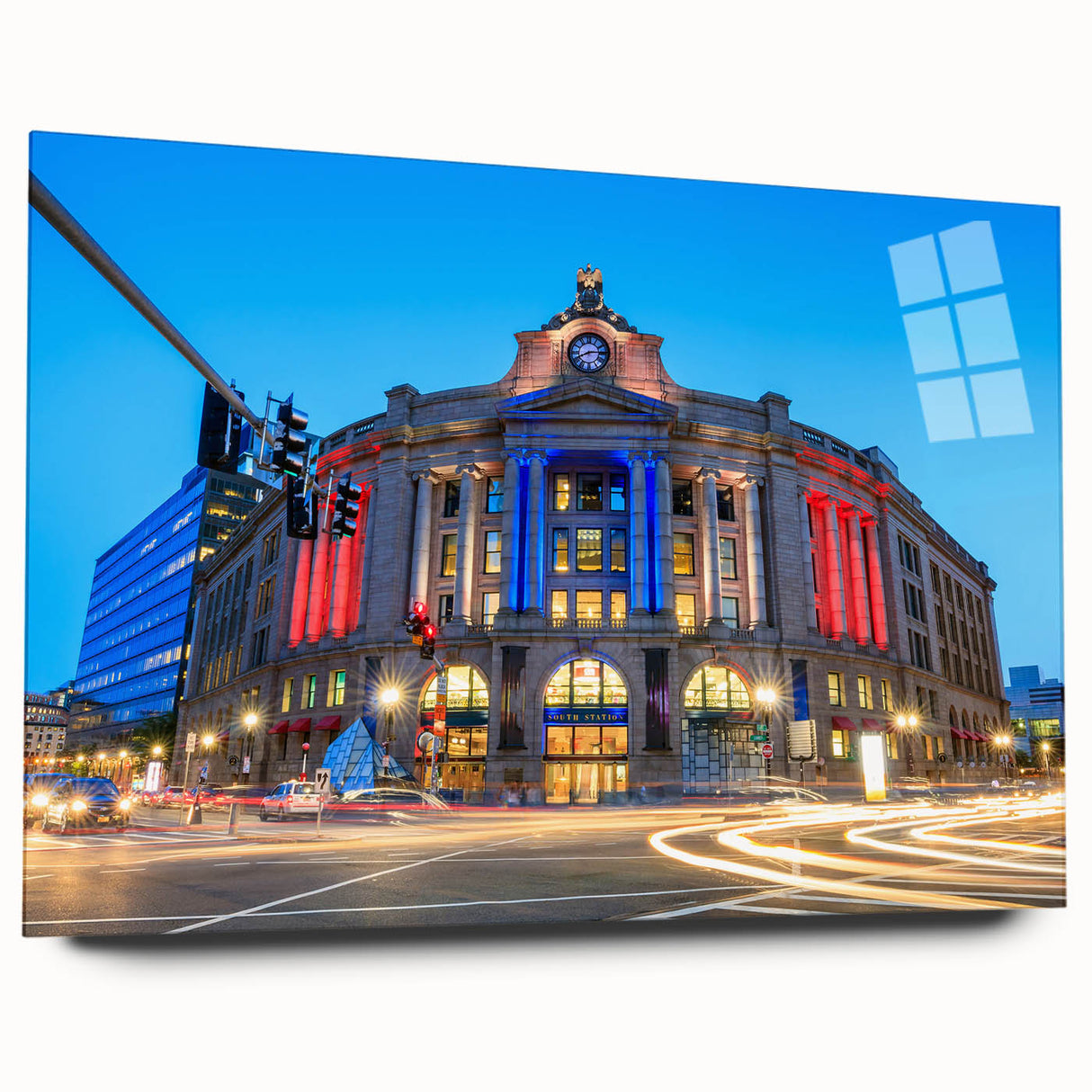 Large abstract depiction of Boston skyline in muted blues and grays on acrylic glass.
