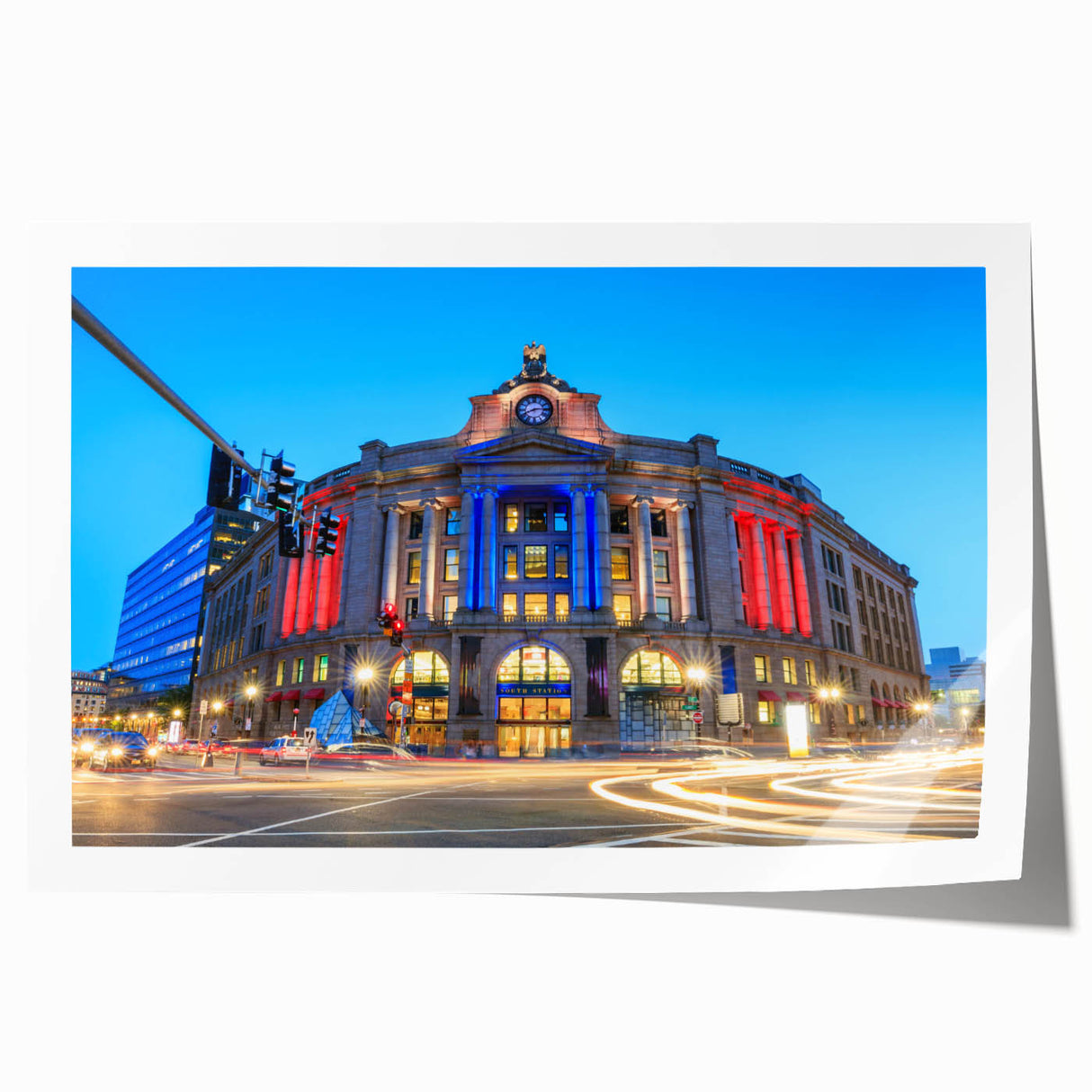 Boston skyline in muted gray and blue tones on a large rolled canvas, suitable for dining room decor.