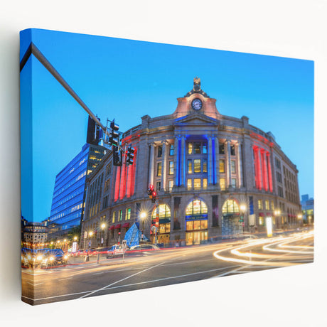 Panoramic view of Boston skyline in muted blue and gray tones on stretched canvas, suitable for kitchen wall art.