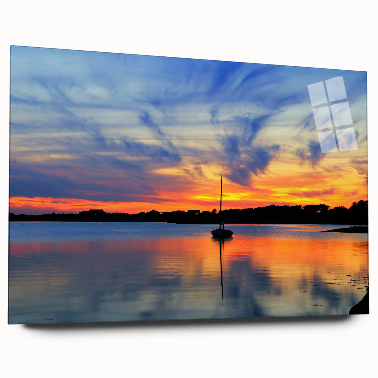 Large abstract wall art of Massachusetts Cape in muted blues and greens on acrylic glass.