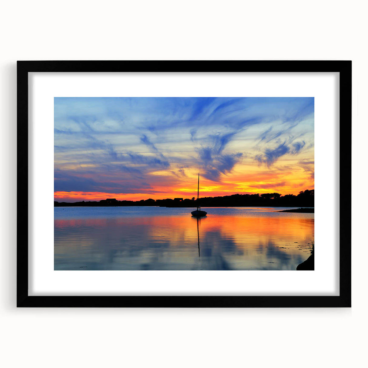 Colorful abstract art print of Massachusetts Cape scenery on a large, textured canvas, framed in black.