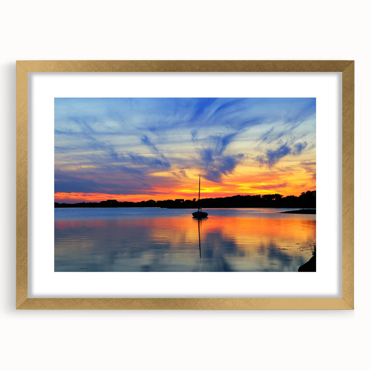 Extra large abstract art print of Massachusetts Cape scenery in muted blue and green hues, framed in gold.
