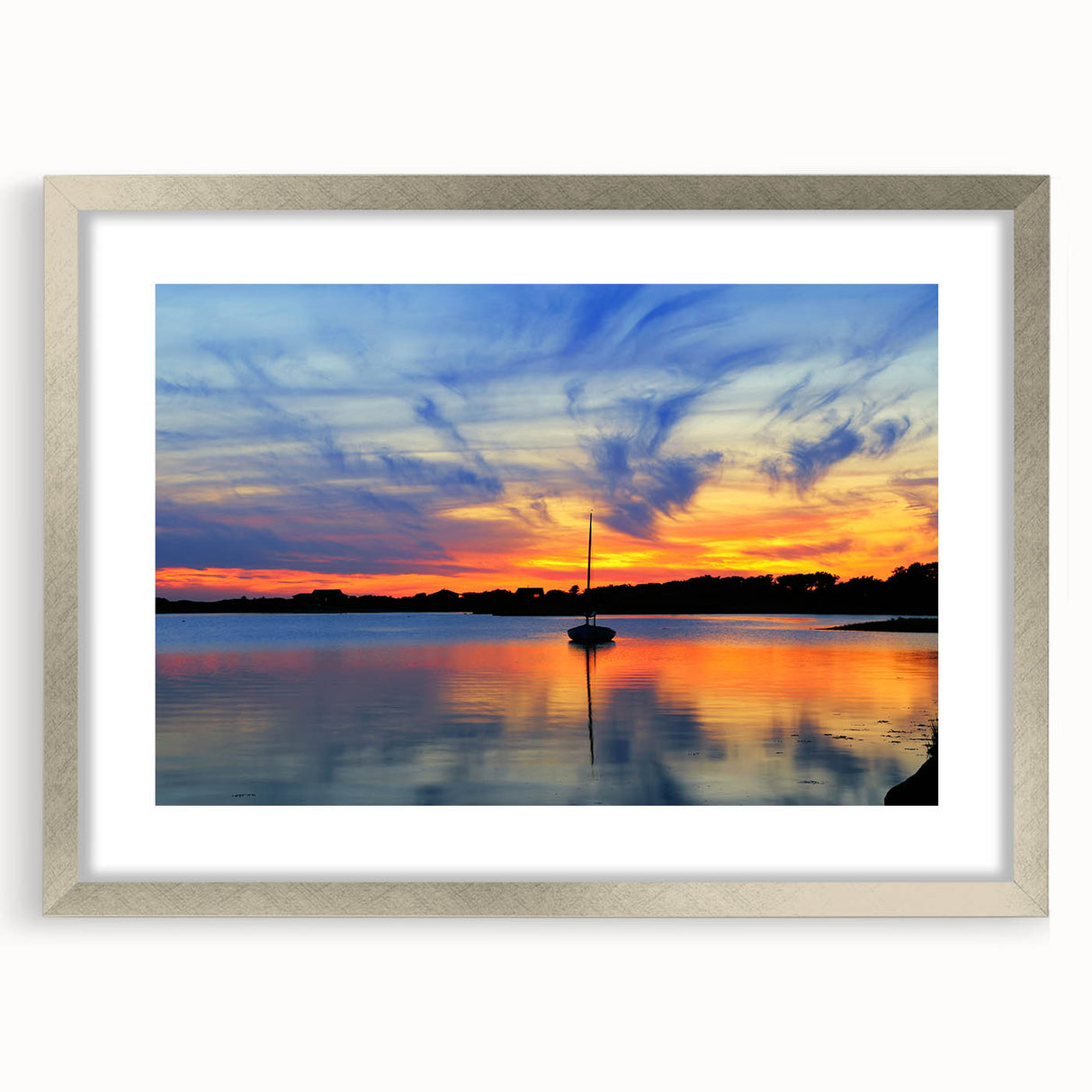 Textured abstract art print depicting a serene Massachusetts Cape scenery in muted blue and gray, framed in silver.