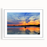 Abstract art print of Massachusetts Cape scenery in muted blue and green tones, framed with a white mat.