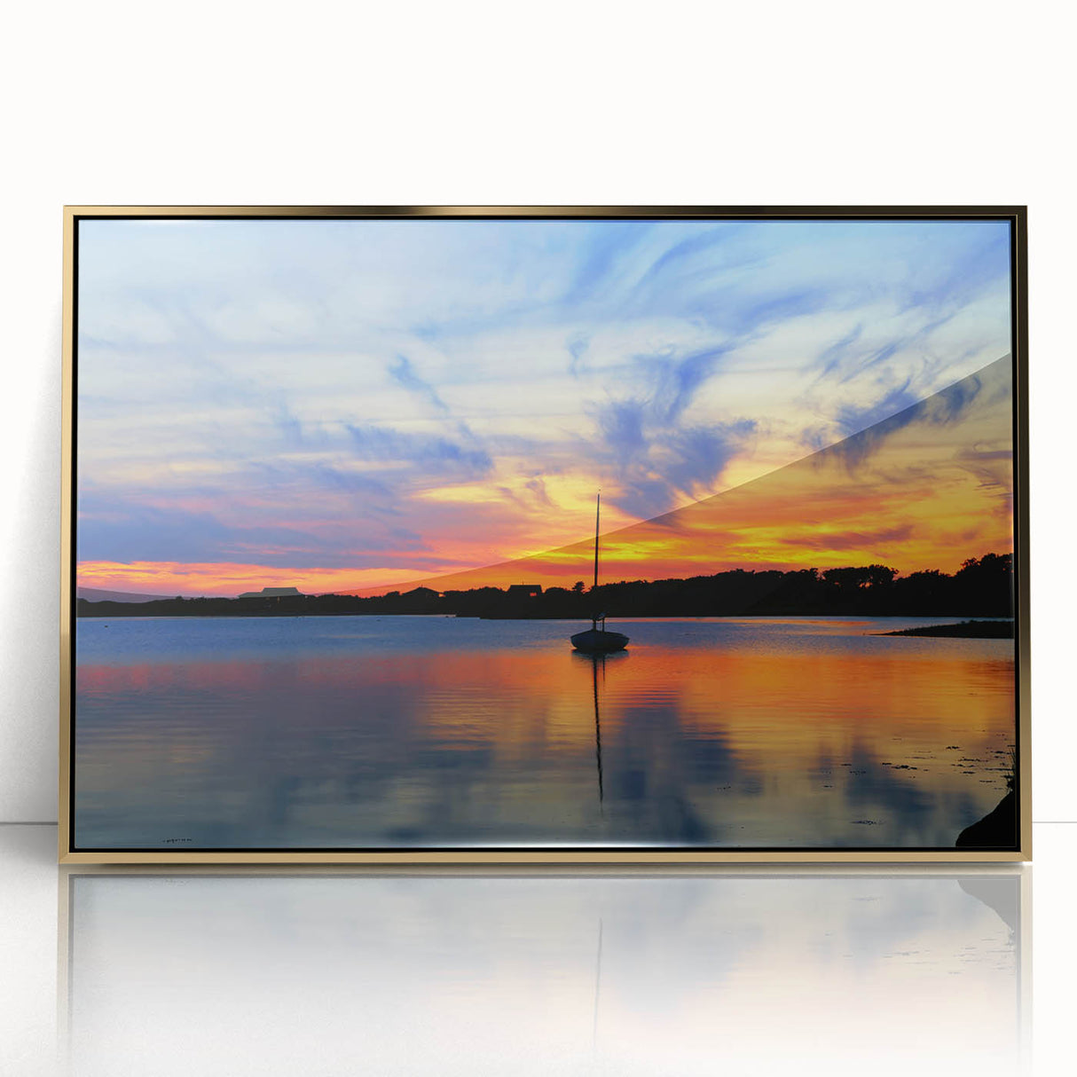 Large art print of Cape Cod with soft pastel colors on a framed acrylic, in a mid-century modernist style.