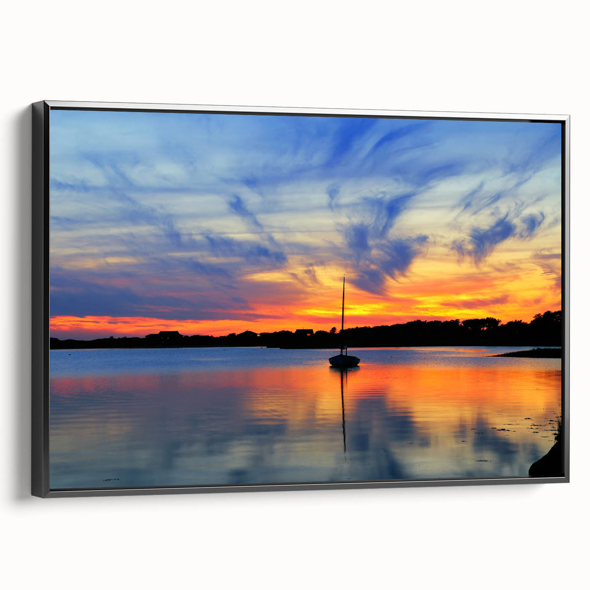 Black and white wall art featuring a vintage-style landscape of Cape Cod, Massachusetts on a framed canvas.