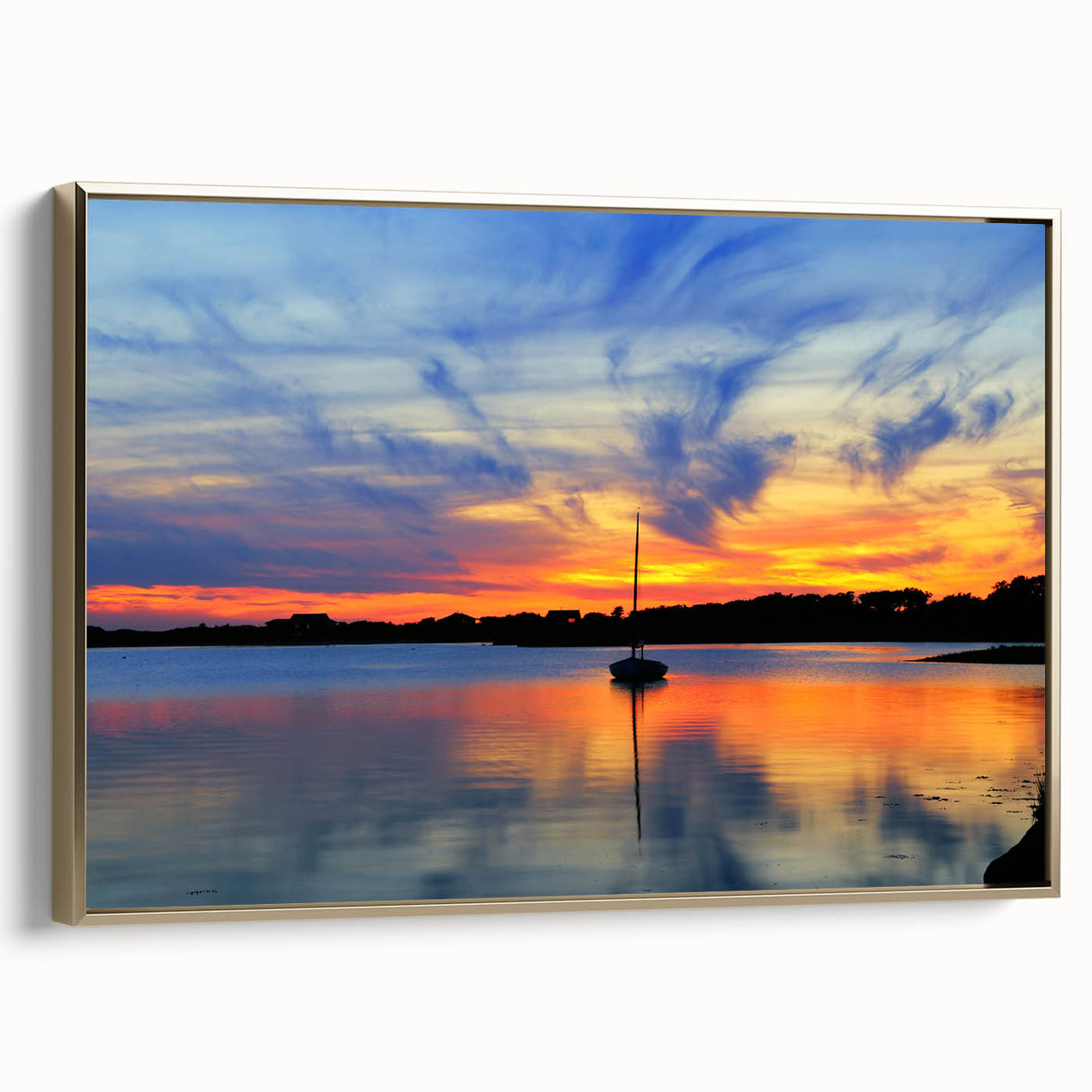 Framed canvas depicting a vintage-style Massachusetts landscape in muted gold and black tones, suitable for bedroom decor.