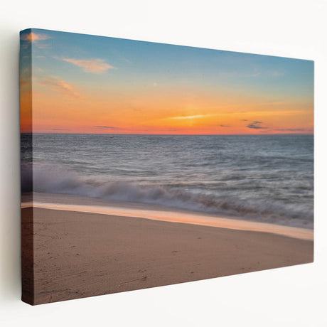 Large art depicting a serene Nantucket landscape in muted blues and greens on stretched canvas, ideal for kitchen wall art.