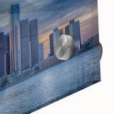 Large abstract wall art featuring Detroit skyline in muted gray and blue tones on acrylic glass, ideal for dining room art.