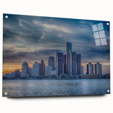 Acrylic print of a large abstract depiction of Detroit skyline in cool blue and gray tones.