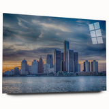 Acrylic print of a large abstract depiction of Detroit skyline, in muted gray and blue tones.