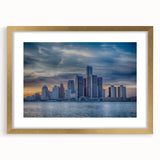 Extra large abstract art print of Detroit skyline in textured gold frame, ideal for living room ambiance.