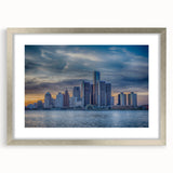 Textured abstract art print of Detroit skyline in muted gray and silver, framed with a mat, ideal for bedroom wall decor.