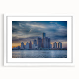 Abstract art print of Detroit skyline in muted gray and blue tones, framed with a white mat, ideal for dining room decor.