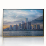 Framed acrylic print of Detroit skyline with gold accents in mid-century modernist style, suitable for modern art wall decor.