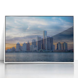 Art deco poster of Detroit skyline in monochrome shades on white framed acrylic, suitable for modern art wall decor.