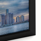 Extra large framed canvas featuring a textured depiction of the Detroit skyline in black with colorful art accents.