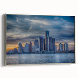 Framed canvas of a vintage Detroit landscape in colorful hues, ideal for modern living room decor.