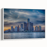Vintage poster art of Detroit skyline in vibrant colors on a large framed canvas, ideal for living room decor.