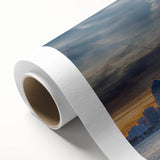 Art Deco style poster of Detroit skyline in muted blue and gray tones on rolled canvas, ideal for nursery wall art.