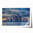 Extra large rolled print of Detroit skyline in muted gray tones, suitable as art wall dining room decor.
