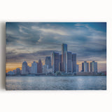 Black and white photo of Detroit skyline on large stretched canvas, suitable for kitchen wall art.