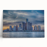 Black and white photo of Detroit skyline on large stretched canvas, ideal for kitchen wall art or bedroom ambiance.