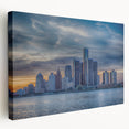 A panoramic view of Detroit skyline in muted gray and blue tones on stretched canvas, suitable for kitchen wall art.